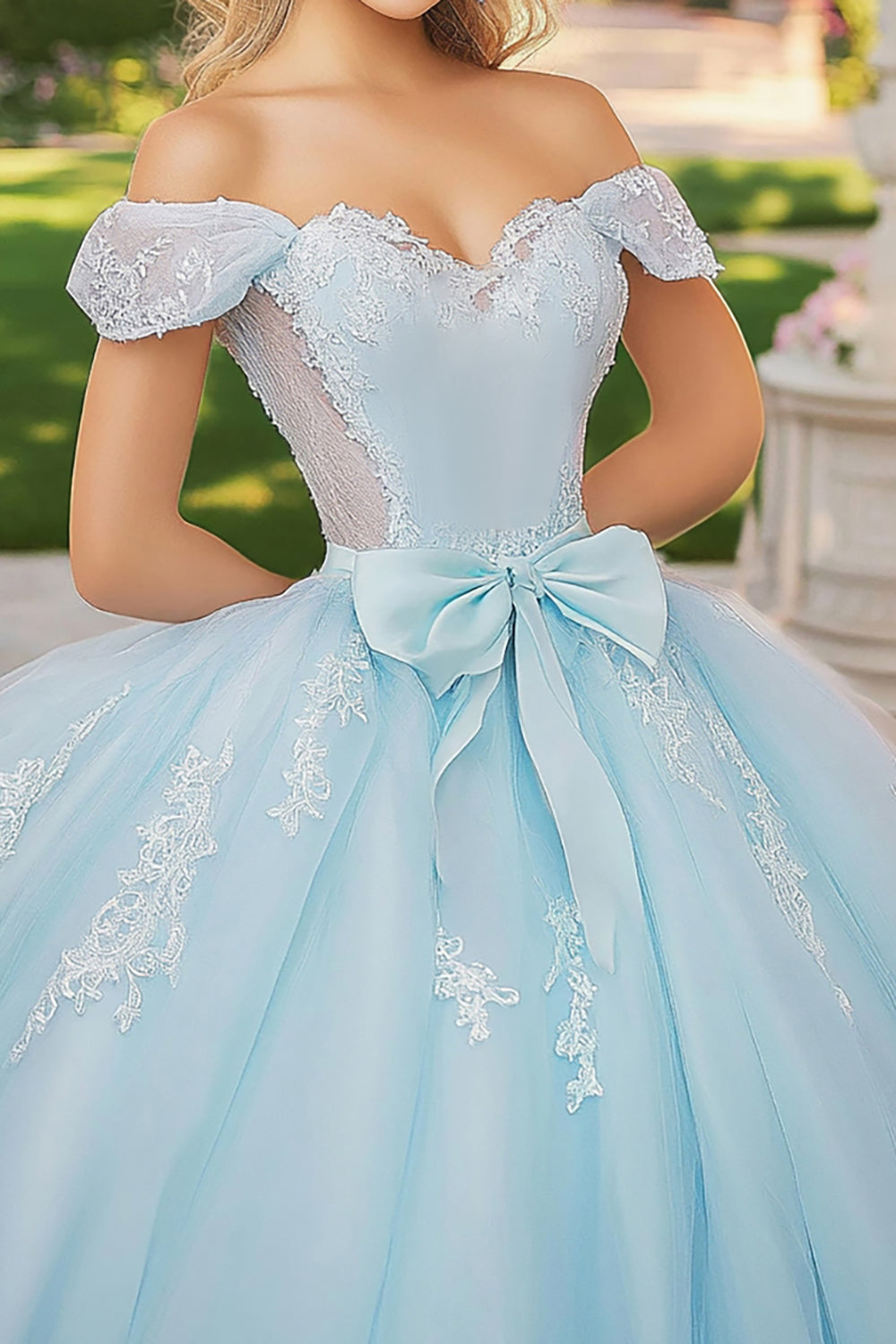 Elegant Sky Blue Ball Gown Off the Shoulder Tulle Quinceanera Dress with Bow