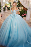 Sparkly Sky Blue Ball Gown Off the Shoulder Bow Tulle Quinceanera Dress with Lace Appliques