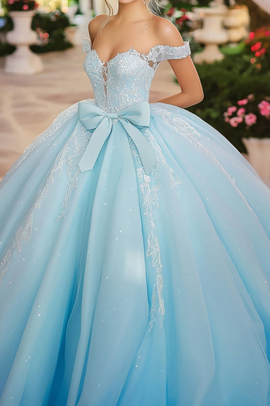 Sparkly Sky Blue Ball Gown Off the Shoulder Bow Tulle Quinceanera Dress with Lace Appliques