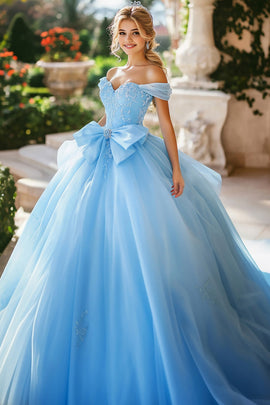 Sparkly Sky Blue Ball Gown Off the Shoulder Tulle Rhinestones Quinceanera Dress with Bow