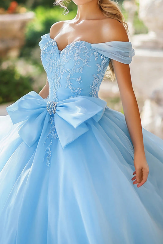 Sparkly Sky Blue Ball Gown Off the Shoulder Tulle Rhinestones Quinceanera Dress with Bow