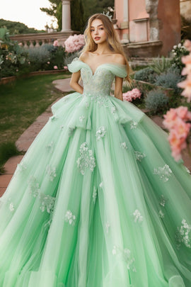 Princess Mint Ball Gown Off the Shoulder Ruffles Tulle Quinceanera Dress with Lace Appliques