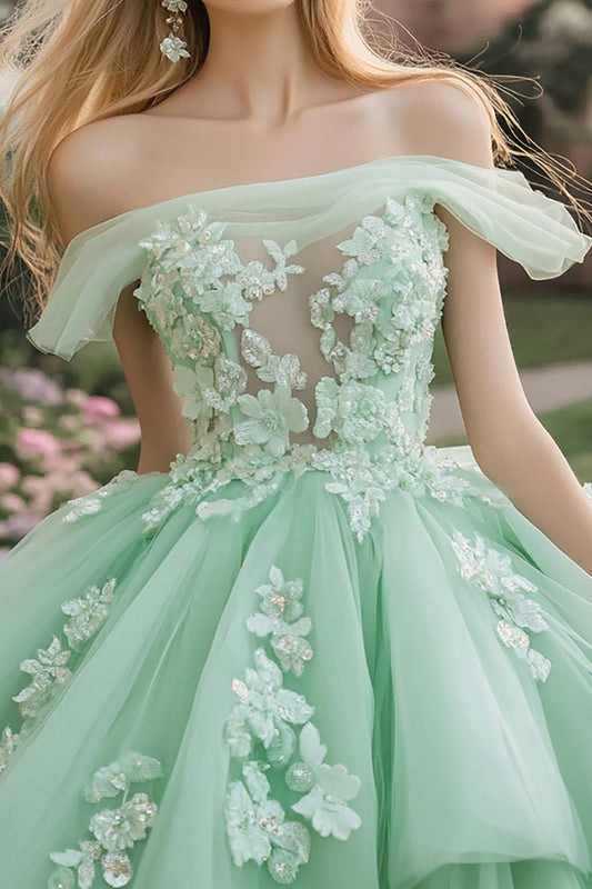 Sparkly Mint Ball Gown Off the Shoulder Ruffles Tulle Quinceanera Dress with Sequined Appliques