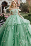 Sparkly Mint Ball Gown Off the Shoulder Ruffles Tulle Quinceanera Dress with Sequined Appliques