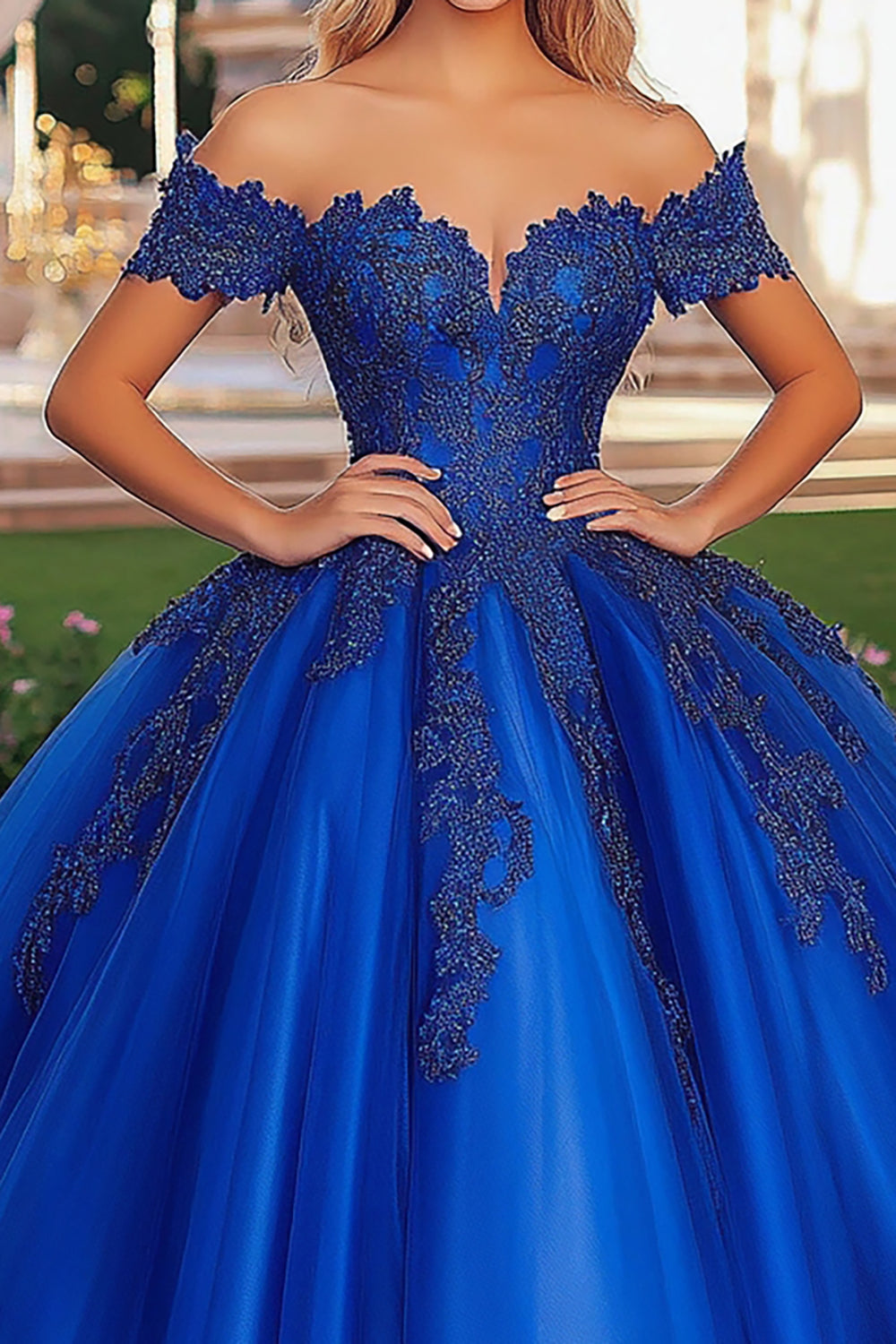 Sparkly Royal Blue Ball Gown Off the Shoulder Quinceanera Dress with Lace Appliques