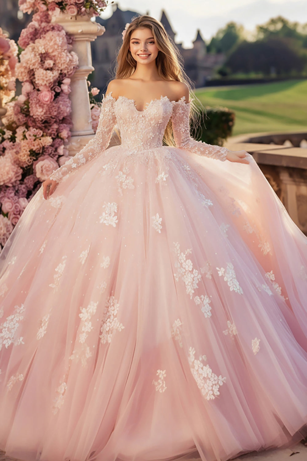 Princess Pink Ball Gown Off the Shoulder Long Sleeves Tulle Quinceanera Dress with Lace Appliques