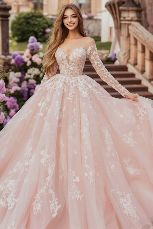 Pink Ball Gown Sweetheart Tulle Appliqued Quinceanera Dress With Long Sleeves