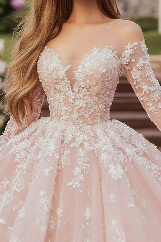 Pink Ball Gown Sweetheart Tulle Appliqued Quinceanera Dress With Long Sleeves