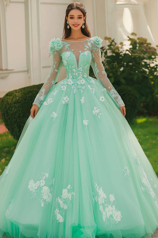 Mint Ball Gown Boat Neck Appliqued Tulle Quinceanera Dress With Long Sleeves