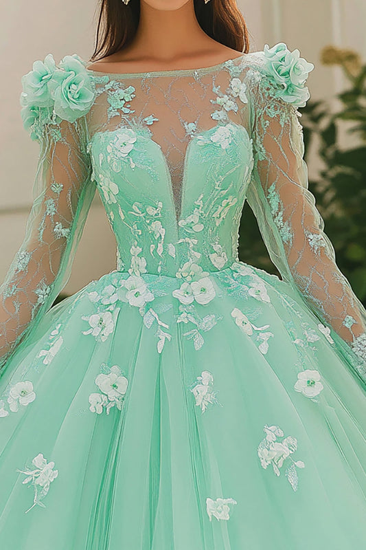 Mint Ball Gown Boat Neck Appliqued Tulle Quinceanera Dress With Long Sleeves