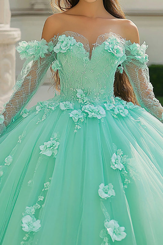 Mint Sweetheart Floral Tulle Quinceanera Dress With Long Sleeves