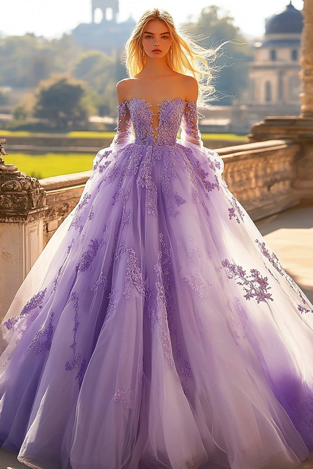 Lilac Off The Shoulder Tulle Appliqued Quinceanera Dress With Long Sleeves