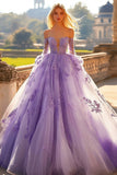 Lilac Off The Shoulder Tulle Appliqued Quinceanera Dress With Long Sleeves