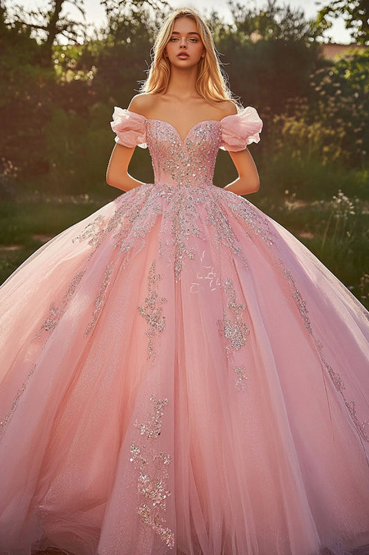 Pink Off The Shoulder Ball Gown Appliqued Quinceanera Dress