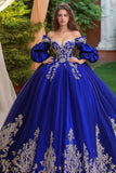 Royal Blue Sweetheart Ball Gown Appliqued Tulle Quinceanera Dress With Half Sleeves