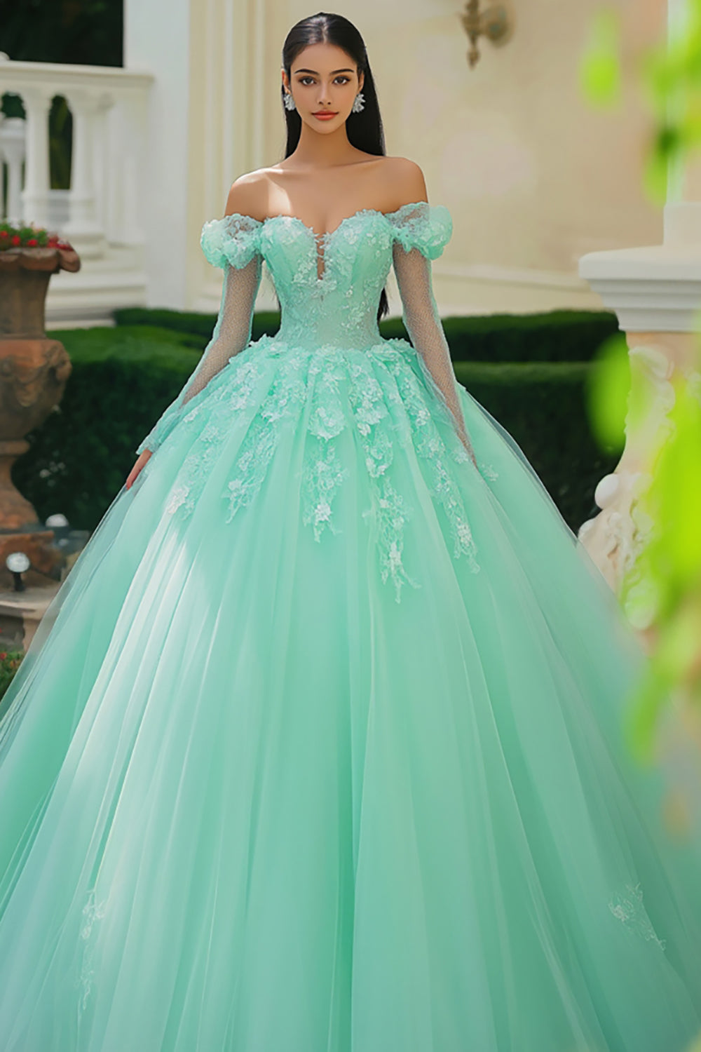 Mint Princess Off The Shoulder Tulle Appliqued Quinceanera Dress