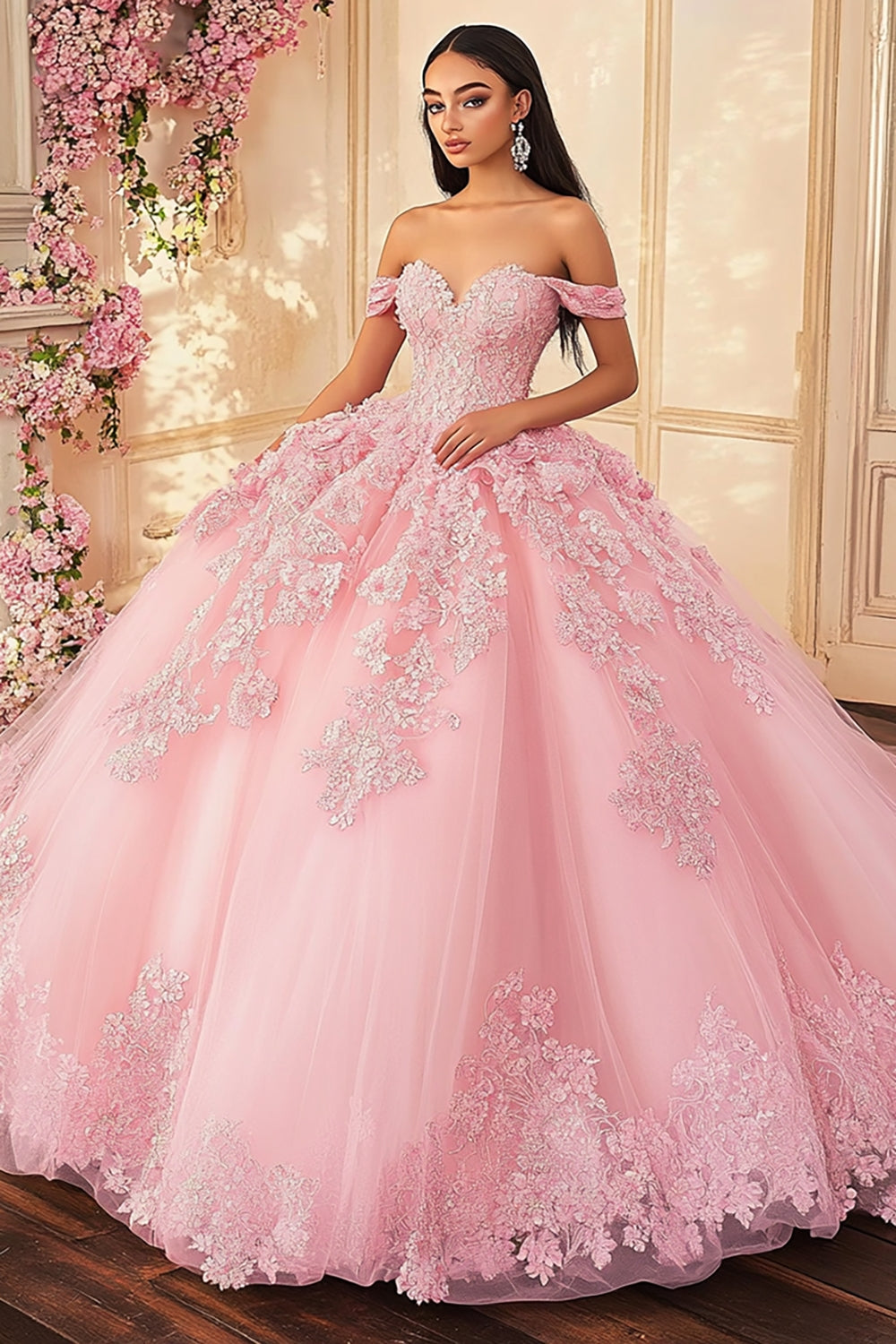 Pink Off the Shoulder Princess Tulle Quinceanera Dress with Appliques