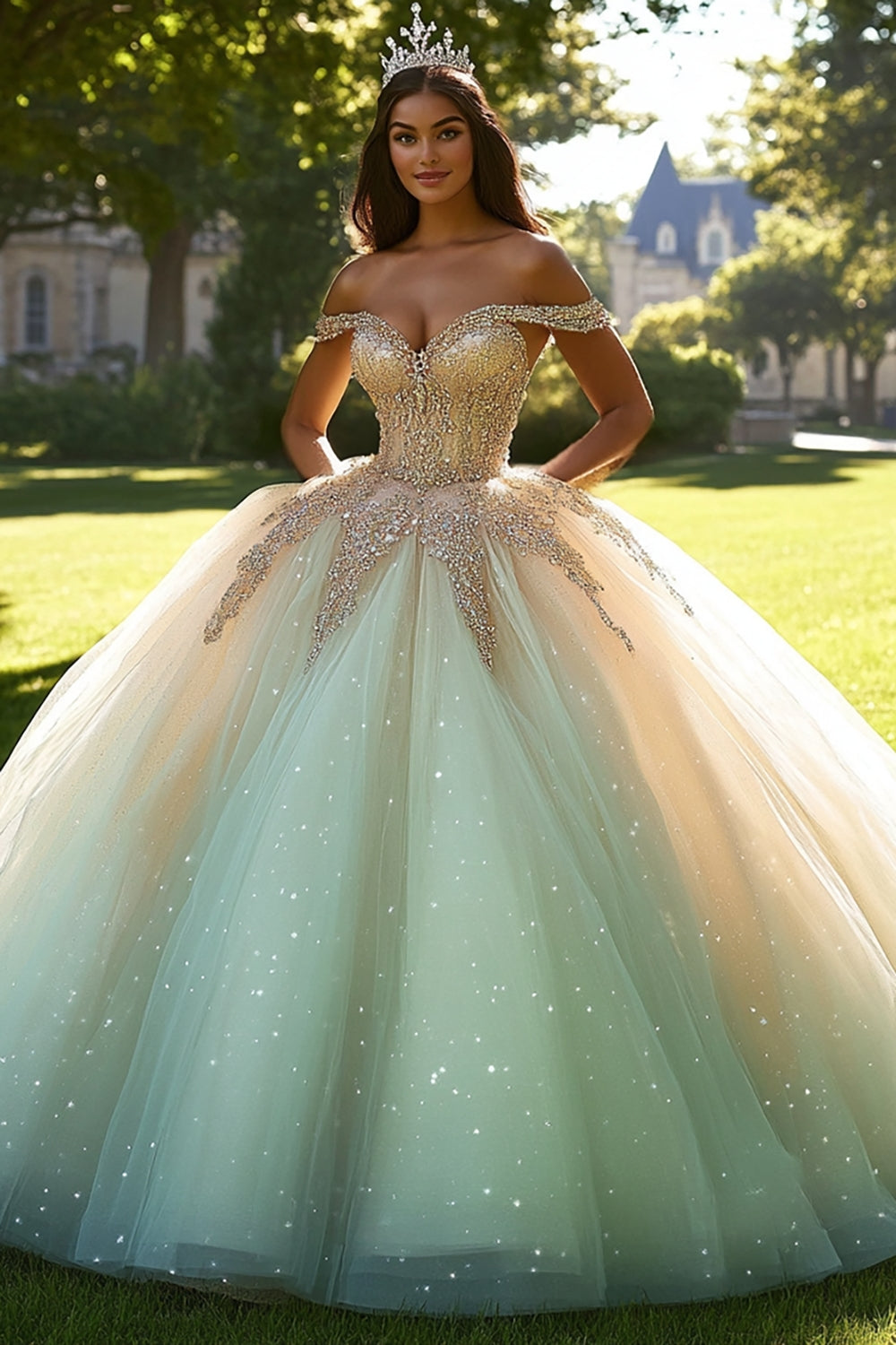 Sparkly Champagne Ball Gown Off the Shoulder Tulle Quinceanera Dress with Beading