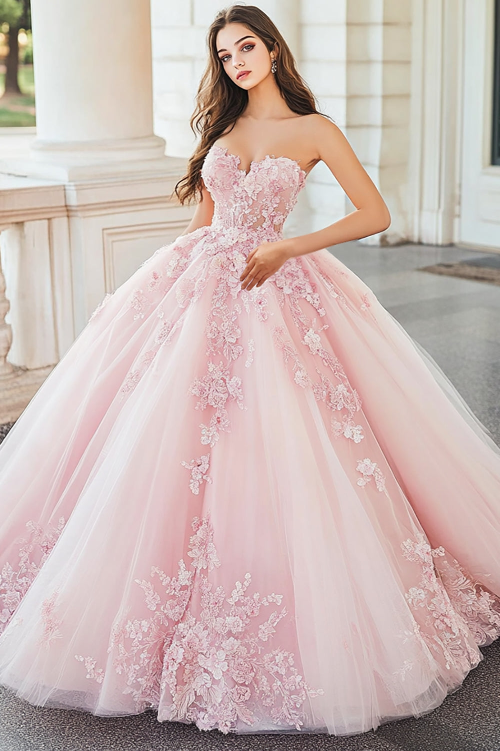 Pink Sweetheart Ball Gown Tulle Quinceanera Dress with Floral Appliques