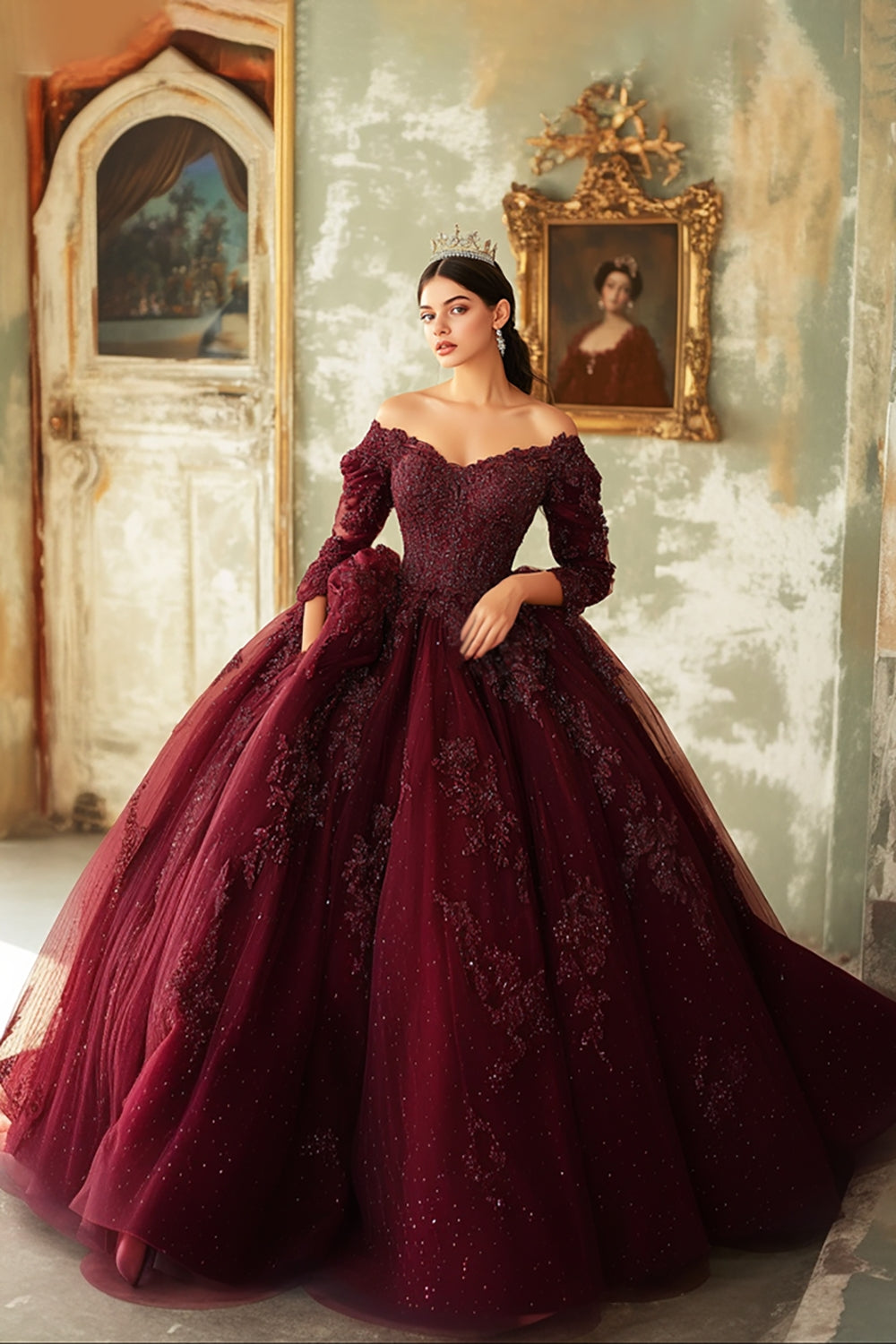 Sparkly Burgundy Lace Off The Shoulder Quinceanera Dress with 3/4 Sleeves