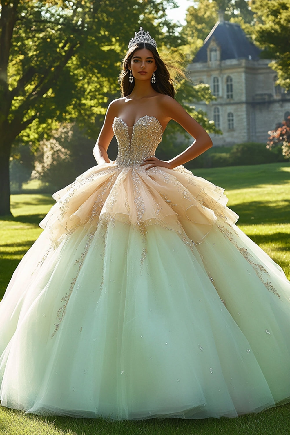 Sparkly Champagne Tulle Ruffled Quinceanera Dress