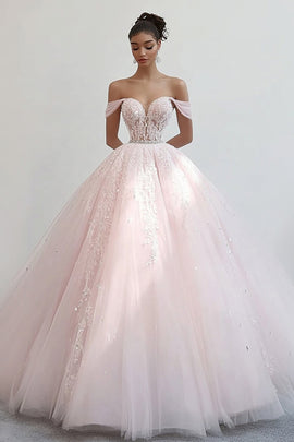 Princess Pink Ball Gown Off the Shoulder Tulle Quinceanera Dress with Appliques