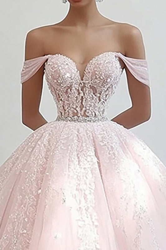 Princess Pink Ball Gown Off the Shoulder Tulle Quinceanera Dress with Appliques