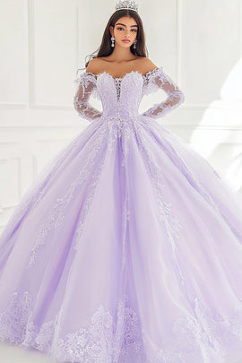 Princess Lilac Ball Gown Off the Shoulder Long Sleeves Tulle Quinceanera Dress with Appliques