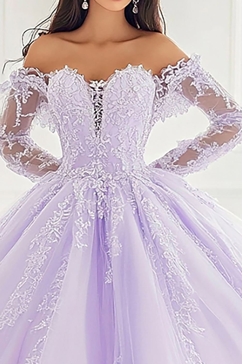 Princess Lilac Ball Gown Off the Shoulder Long Sleeves Tulle Quinceanera Dress with Appliques