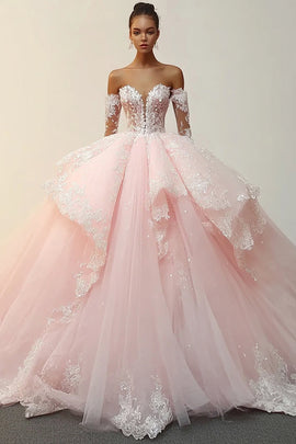 Princess Pink Ball Gown Strapless Ruffles Appliques Tulle Quinceanera Dress with Detachable Sleeves