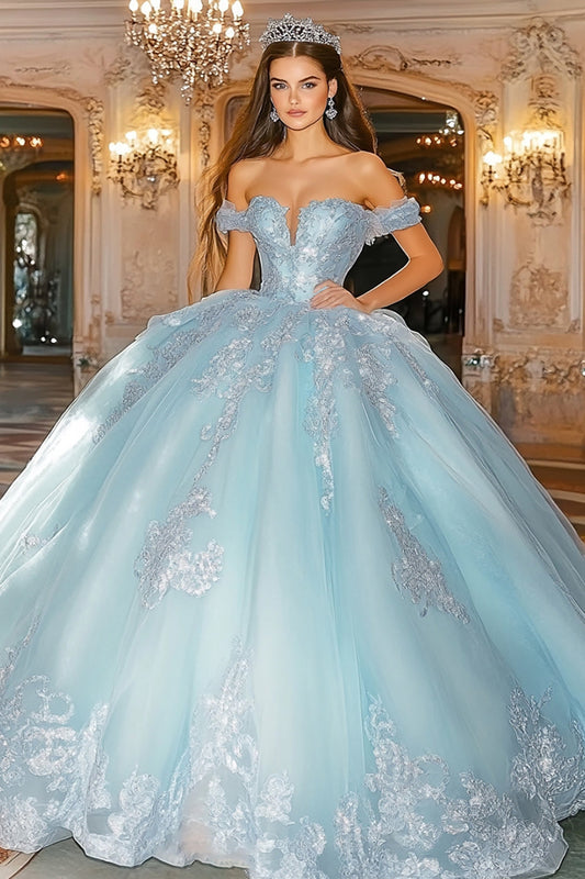 Princess Sky Blue Ball Gown Off the Shoulder Tulle Quinceanera Dress with Appliques