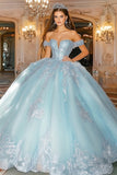 Princess Sky Blue Ball Gown Off the Shoulder Tulle Quinceanera Dress with Appliques