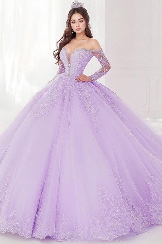 Princess Lilac Ball Gown Off the Shoulder Long Sleeves Tulle Quinceanera Dress with Appliques