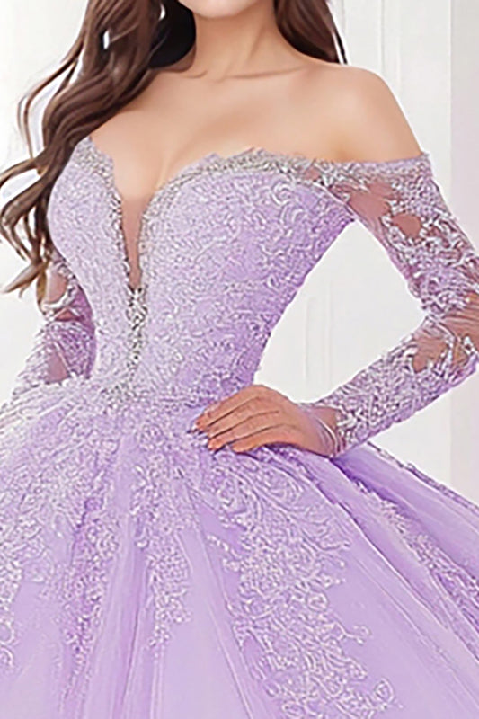 Princess Lilac Ball Gown Off the Shoulder Long Sleeves Tulle Quinceanera Dress with Appliques