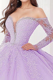 Princess Lilac Ball Gown Off the Shoulder Long Sleeves Tulle Quinceanera Dress with Appliques