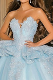 Sparkly Sky Blue Ball Gown Strapless Ruffles Tulle Quinceanera Dress with Appliques