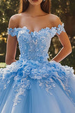 Sparkly Sky Blue Ball Gown Off the Shoulder Sequined 3D Flowers Tulle Quinceanera Dress