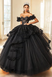 Princess Black Ball Gown Off the Shoulder Laced Ruffles Tulle Quinceanera Dress