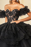 Princess Black Ball Gown Off the Shoulder Laced Ruffles Tulle Quinceanera Dress