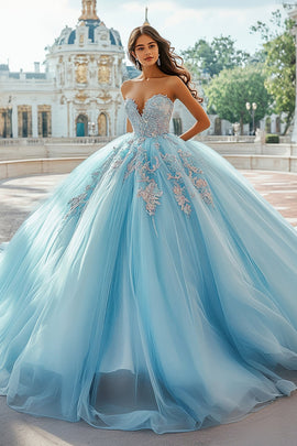 Sweetheart Sky Blue Strapless Tulle Ball Gown Quinceanera Dress