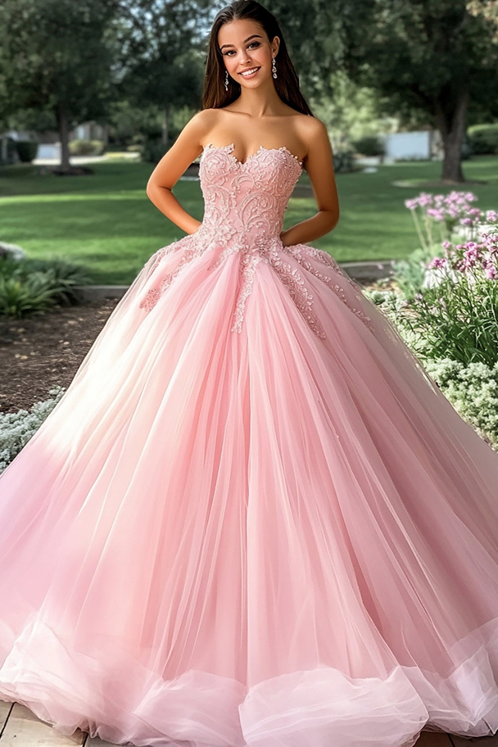 Pink Ball Gown Strapless Appliqued Long Quinceanera Dress