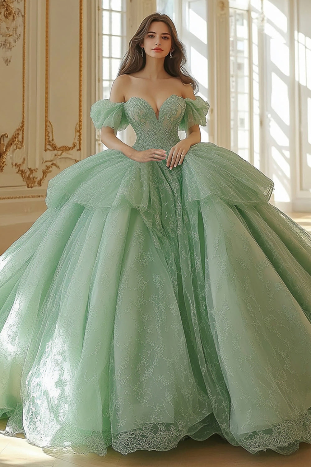 Mint Off The Shoulder Tulle Lace Appliqued Quinceanera Dress