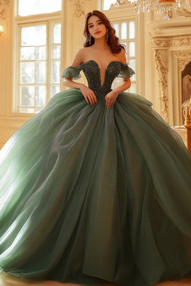 Olive Off The Shoulder Organza Lace Appliqued Quinceanera Dress