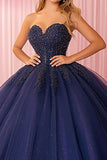 Glitter Navy Strapless Ball Gown Lace Appliqued Quinceanera Dress