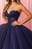 Glitter Navy Strapless Lace Appliqued Quinceanera Dress