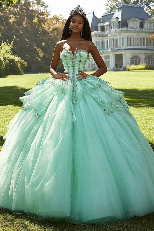 Mint Ball Gown Strapless Tulle Appliqued Quinceanera Dress