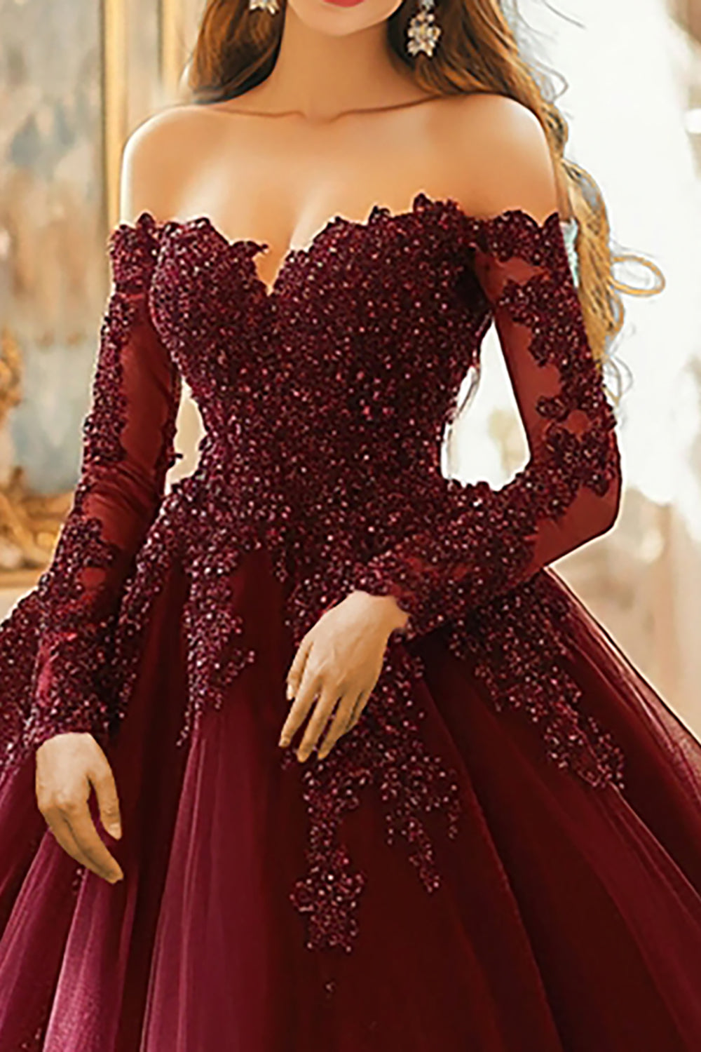 Burgundy Ball Gown Cold Shoulder Appliqued Quinceanera Dress With 3/4 Sleeves