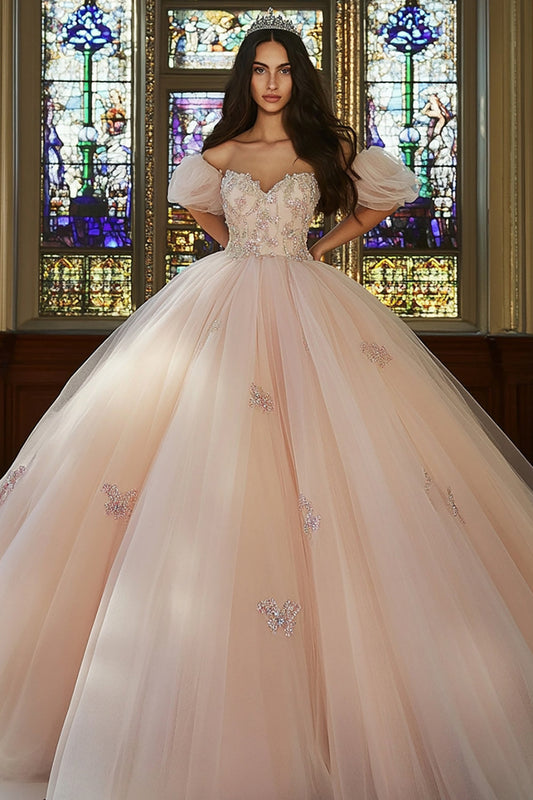 Pink Off The Shoulder Ball Gown Appliqued Tulle Quinceanera Dress