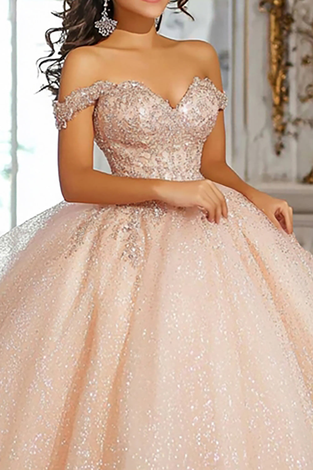 Glitter Champagne Ball Gown Off The Shoulder Appliqued Quinceanera Dress