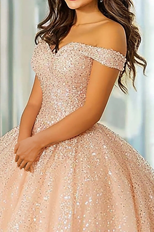 Glitter Ball Gown Champagne Off The Shoulder Lace Appliqued Quinceanera Dress